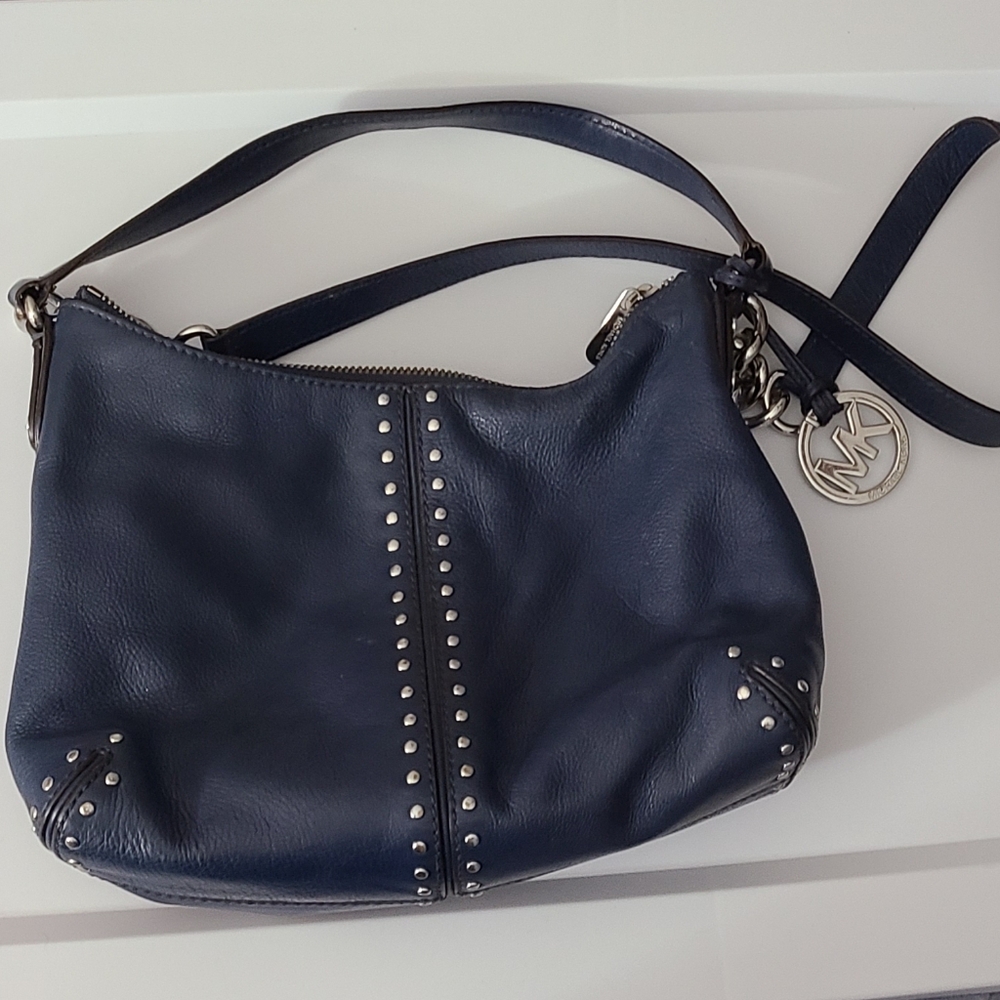 Michael Kors ASTOR navy Silver Studded Stud Leather Bag Satchel Purse Convertibl